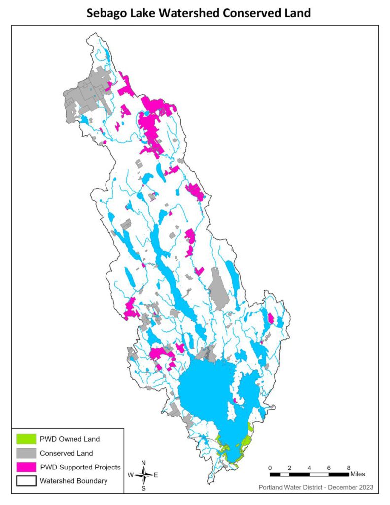 illustrated map of sebago lake watershed conserved land