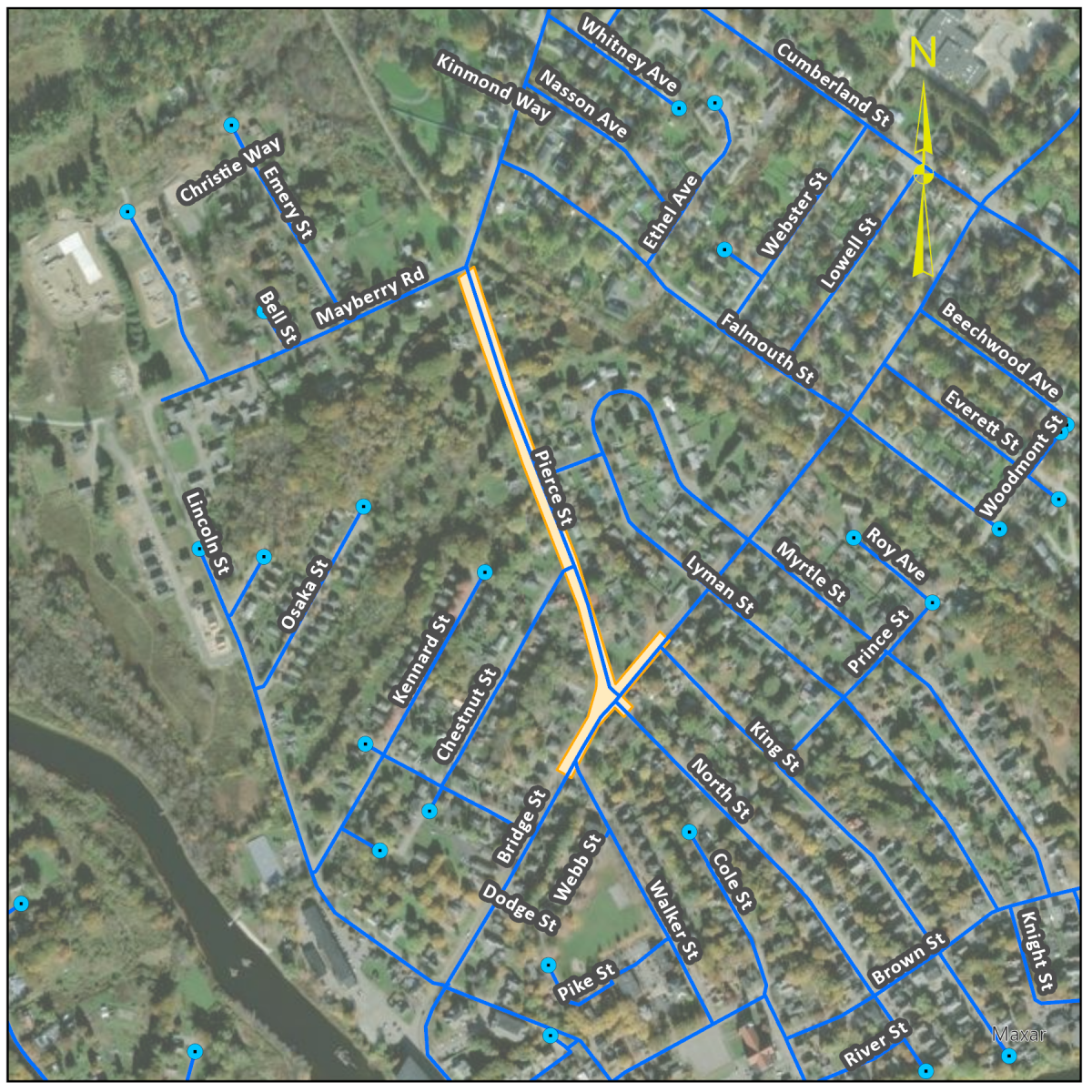 a map of pierce and bridge street in Westbrook